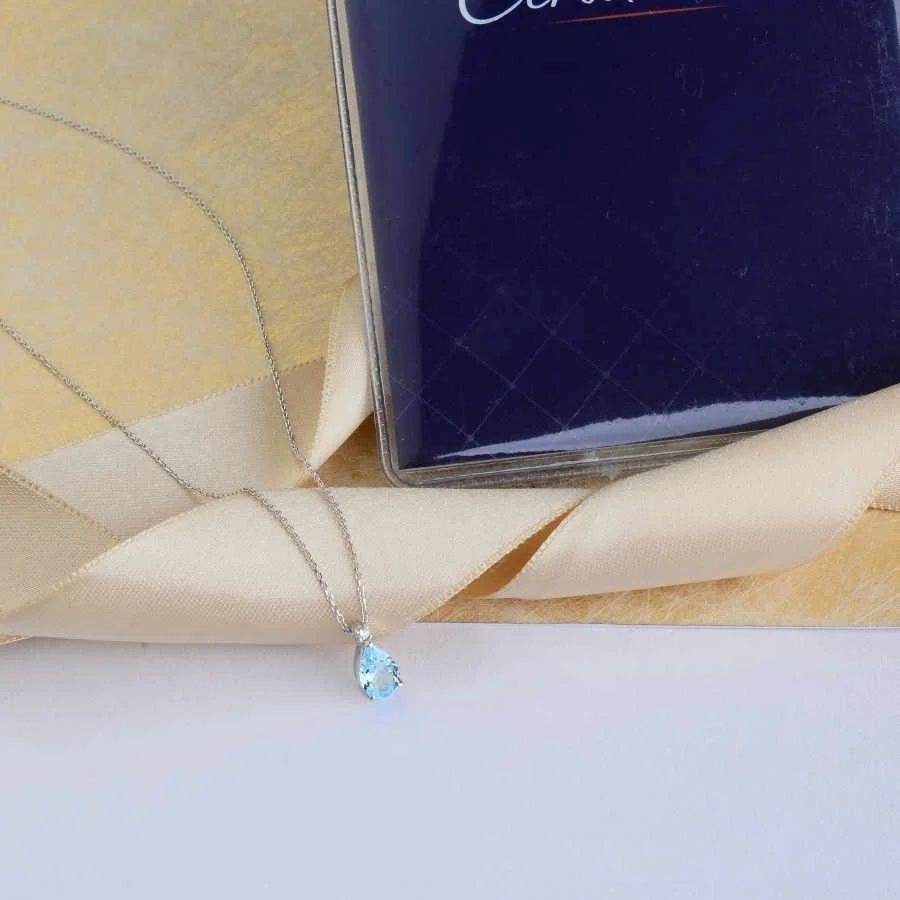 Pırlanta Taşlı Damla Blue Topaz Beyaz Altın Kolye