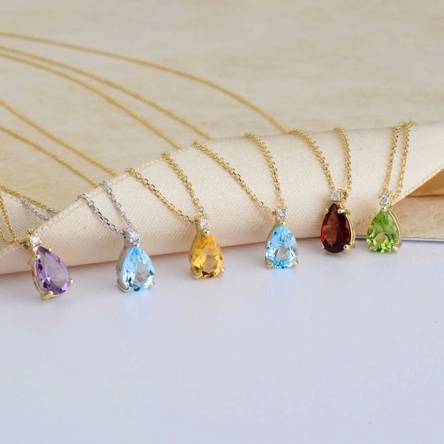 Pırlanta Taşlı Damla Blue Topaz Beyaz Altın Kolye