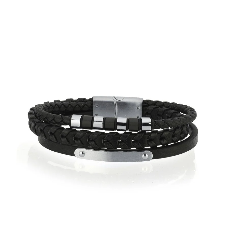 Plakalı Boğumlu Çelik Üçlü Düz Örgü Derili Erkek Bilekliği - 1