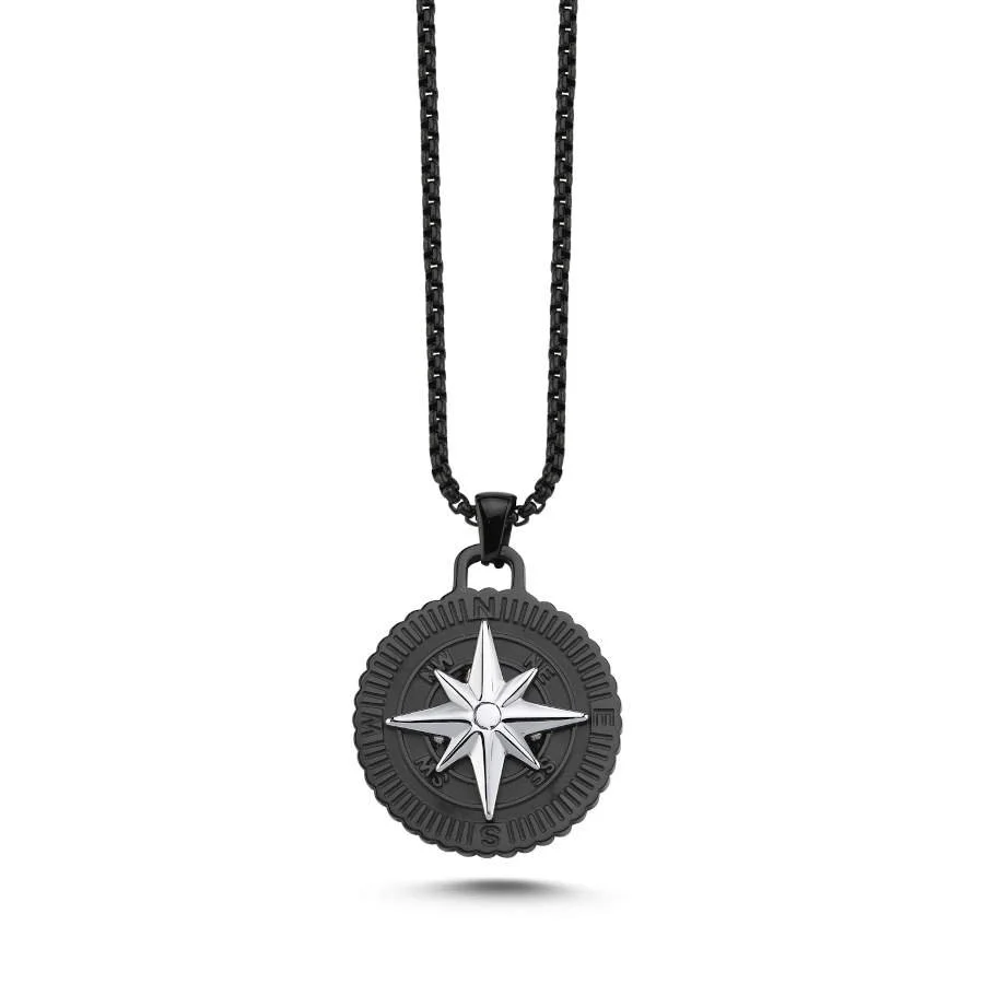 Pusula Siyah Erkek Çelik Kolye - 1