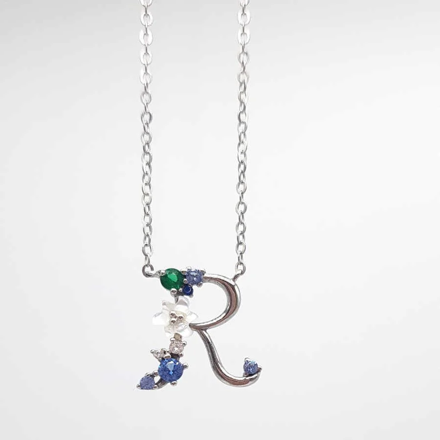 Letter R Floral Silver Women's Necklace - 1