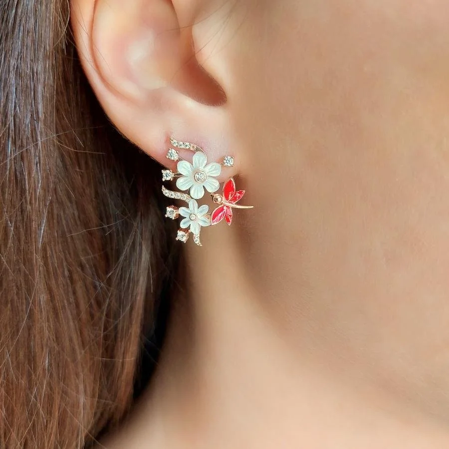 Red Dragonfly with Floral Earrings