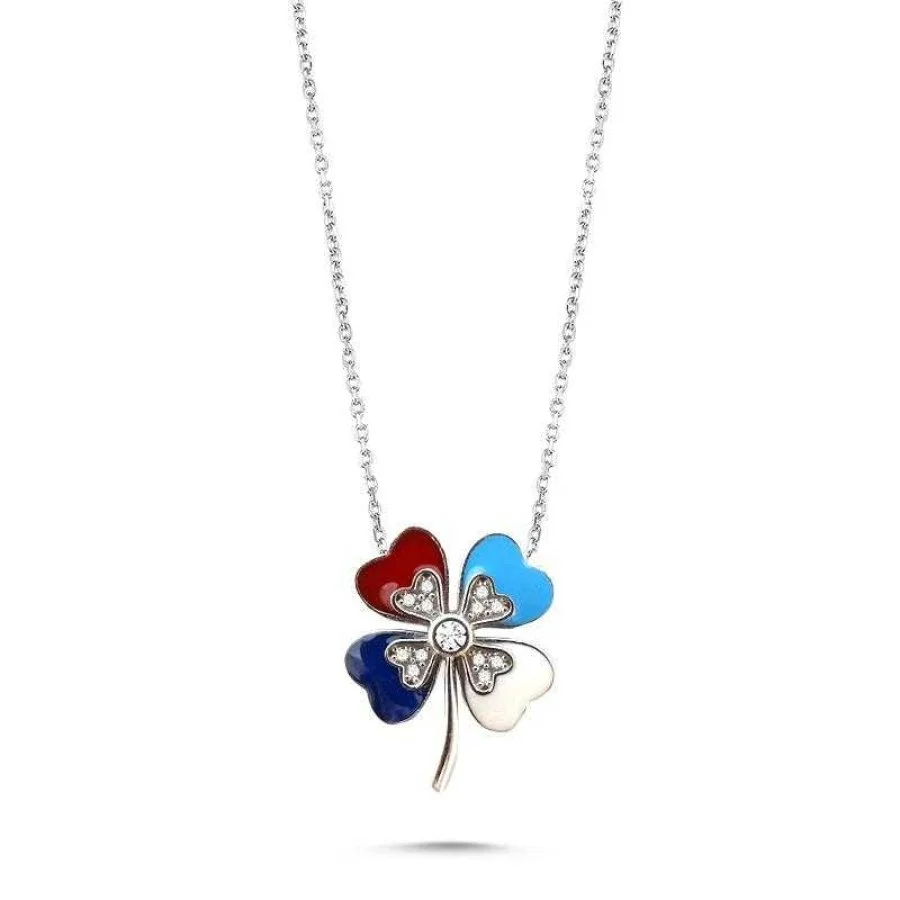 Colorful Four Leaf Clover Women's Silver Necklace - 1