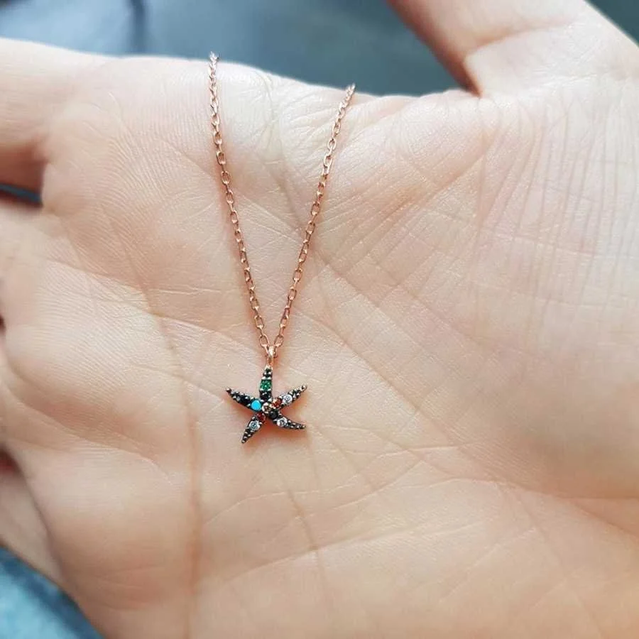 Renkli Taşlı Küçük Deniz Yıldızı Gümüş Kadın Kolye - 1
