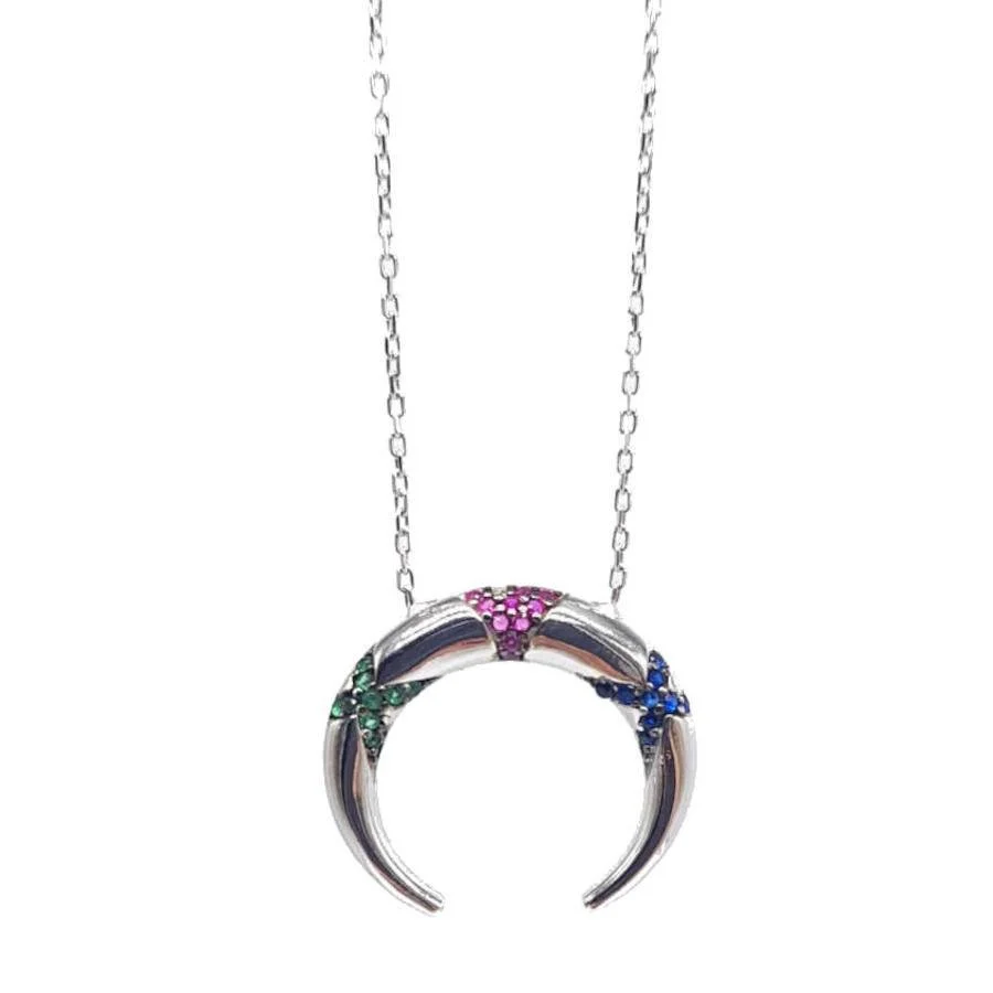Colorful Stone Inverted Crescent Silver Women's Necklace - 1