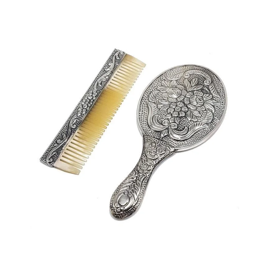 Rose Hand Mirror Comb Double Silver Set