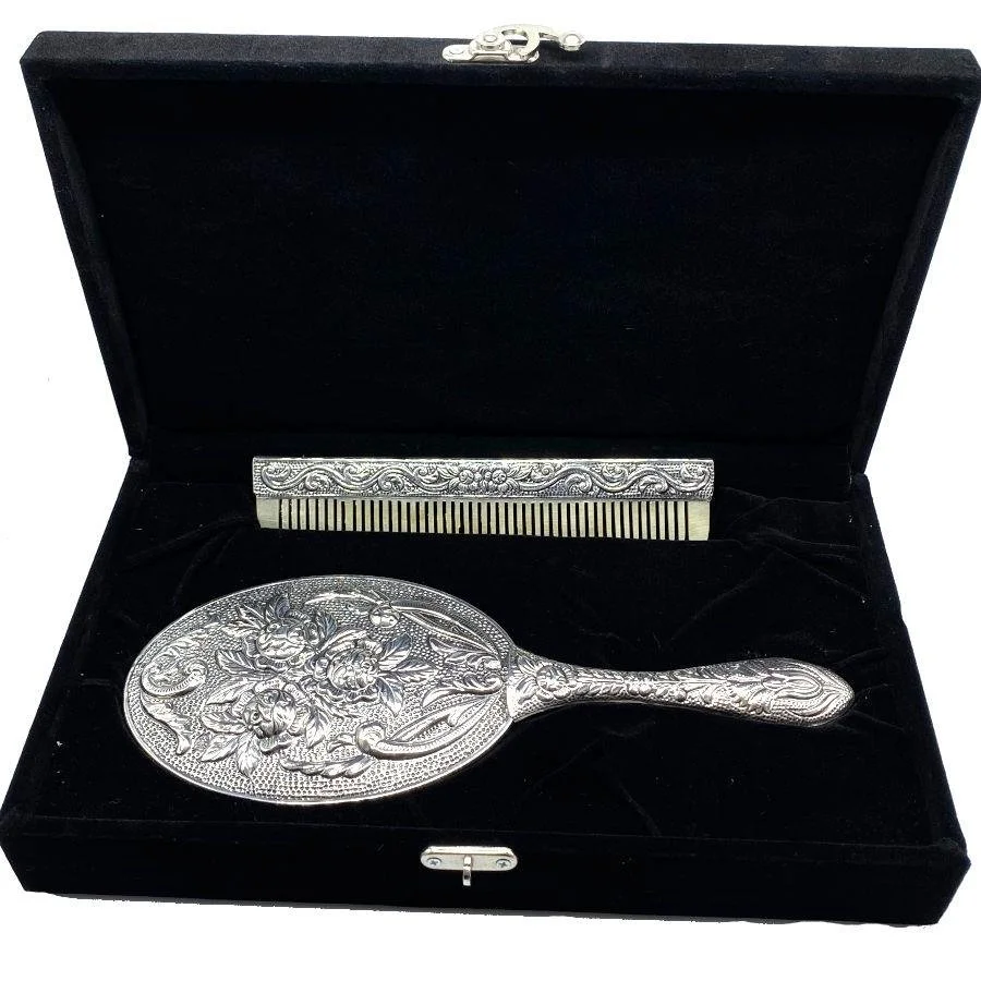 Rose Large Hand Mirror Comb Double Silver Set No 4