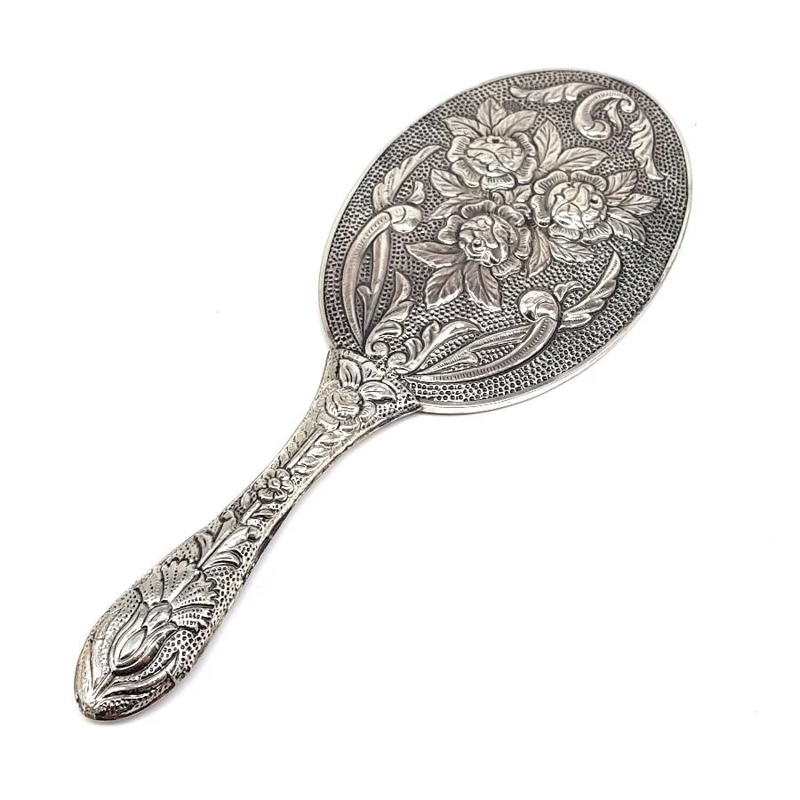 Rose Patterned Large Silver Hand Mirror No. 4 - 1