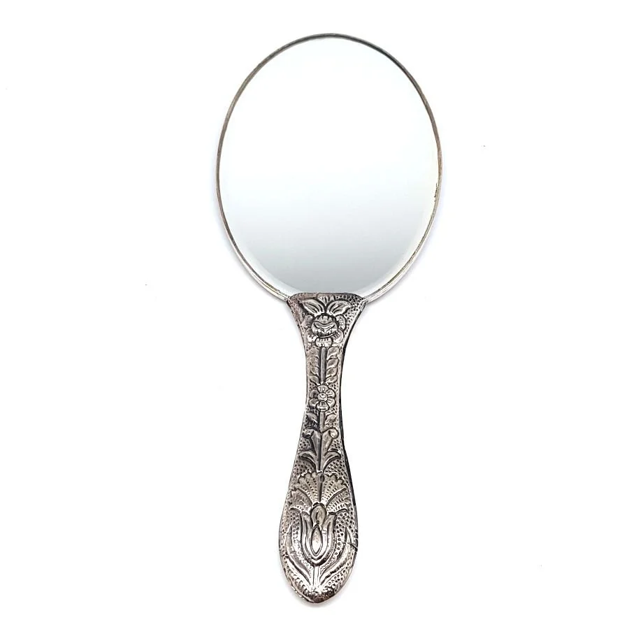 Rose Patterned Large Silver Hand Mirror No. 4 - 3