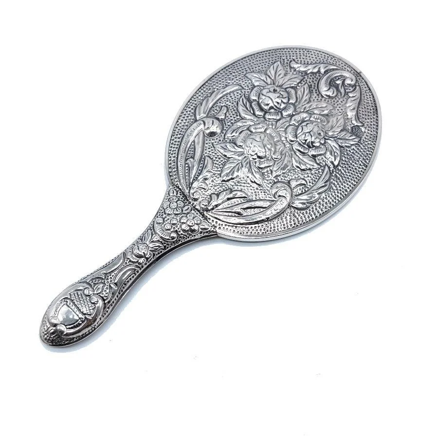 Rose Patterned Silver Hand Mirror No. 3 - 1