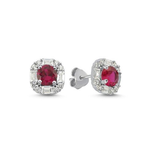Ruby Baguette Stone Design Women's Silver Earrings - CNG Jewels