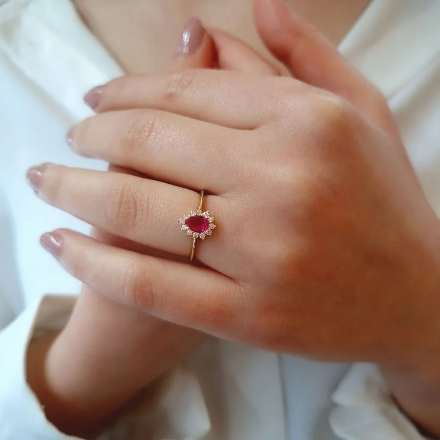 Ruby Drop Solitaire Anturaj 14 Carat Gold Ring - 3