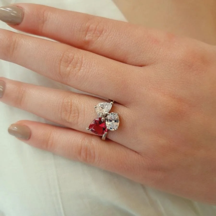 Ruby Kalp Damla Oval Tria Kadın Gümüş Yüzük - 1