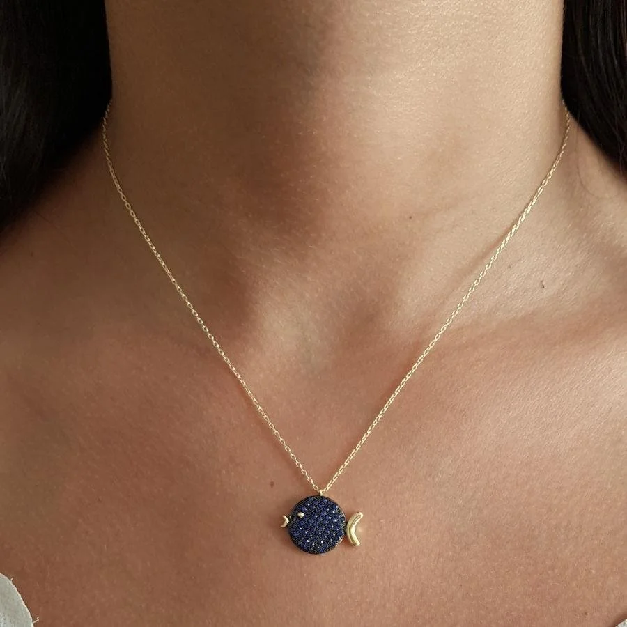 Safir Taşlı Tombul Balık Gümüş Kadın Kolye - 2