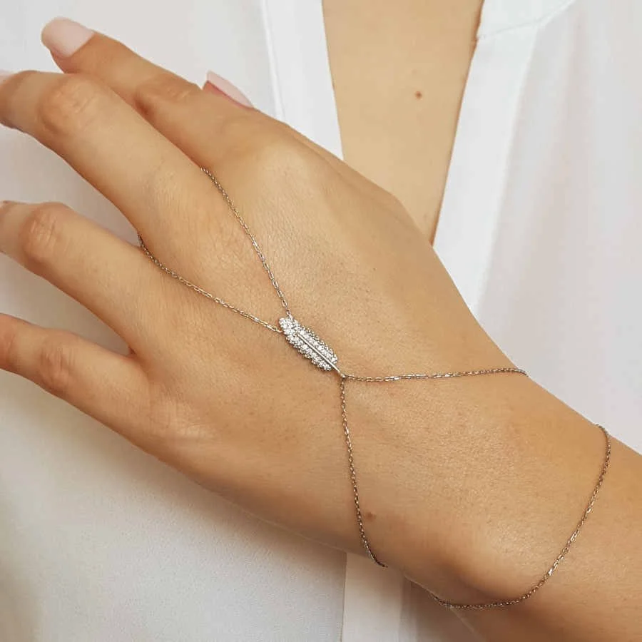 Small Feather Silver Shahmaran Bracelet with Stones - 2