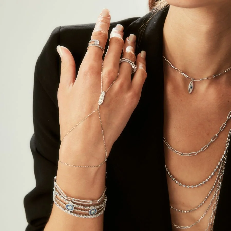 Small Feather Silver Shahmaran Bracelet with Stones - 1