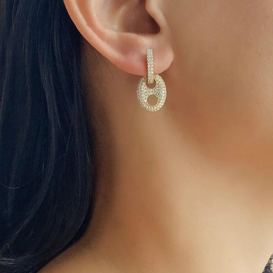 Dangling Stone Button Gold Silver Women's Earrings - 1