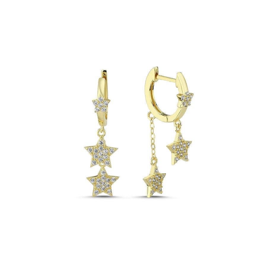 Two Star Gold Silver Hoop Earrings with Dangling Stones - CNG Jewels
