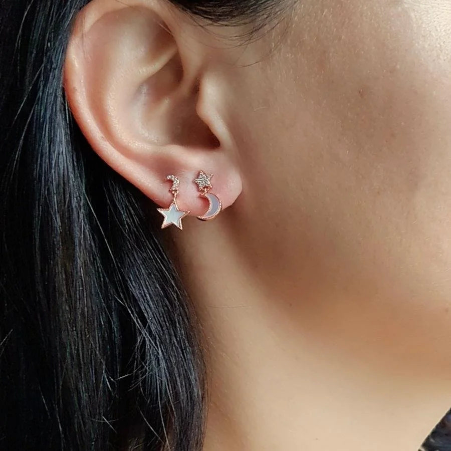 Sedef Ay ve Yıldız Gümüş Kadın Küpe - 1