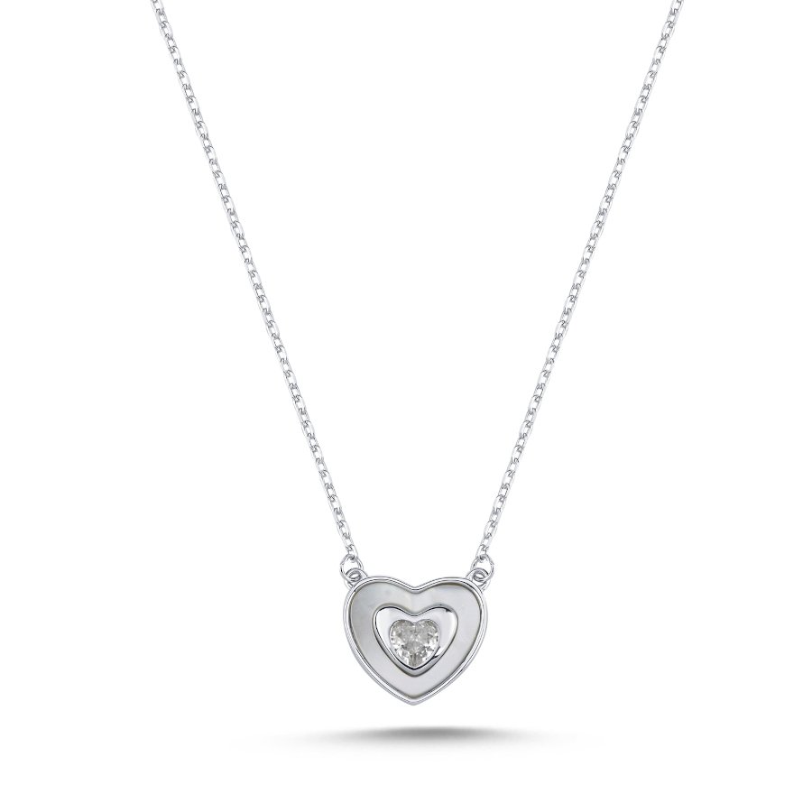 Mother of Pearl Heart Solitaire Silver Women's Necklace - CNG Jewels