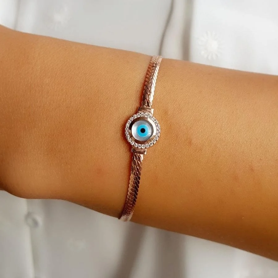 Sedef Nazar Boncuğu Balık Sırtı Rose Kadın Gümüş Bileklik - 1