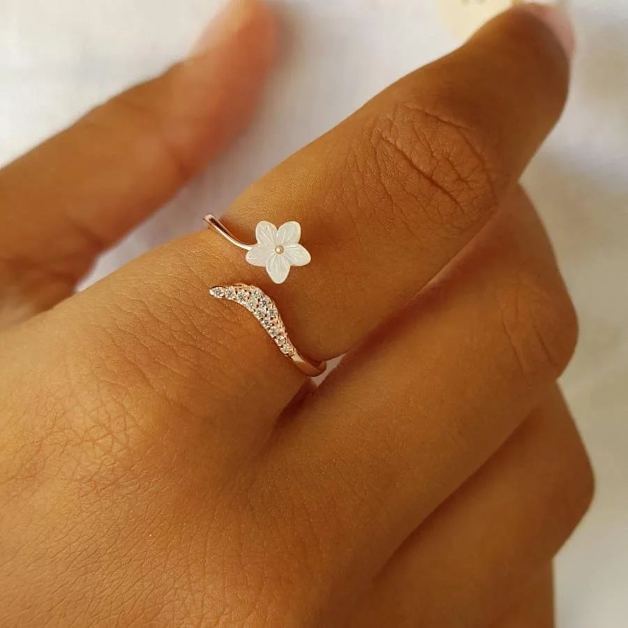 Sedef Taşlı Çiçek İnce Kadın Gümüş Yüzük - 1