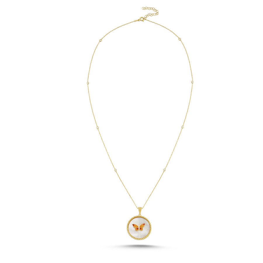 Mother of Pearl Stone Colorful Butterfly Medallion Women's Silver Necklace - CNG Jewels (1)