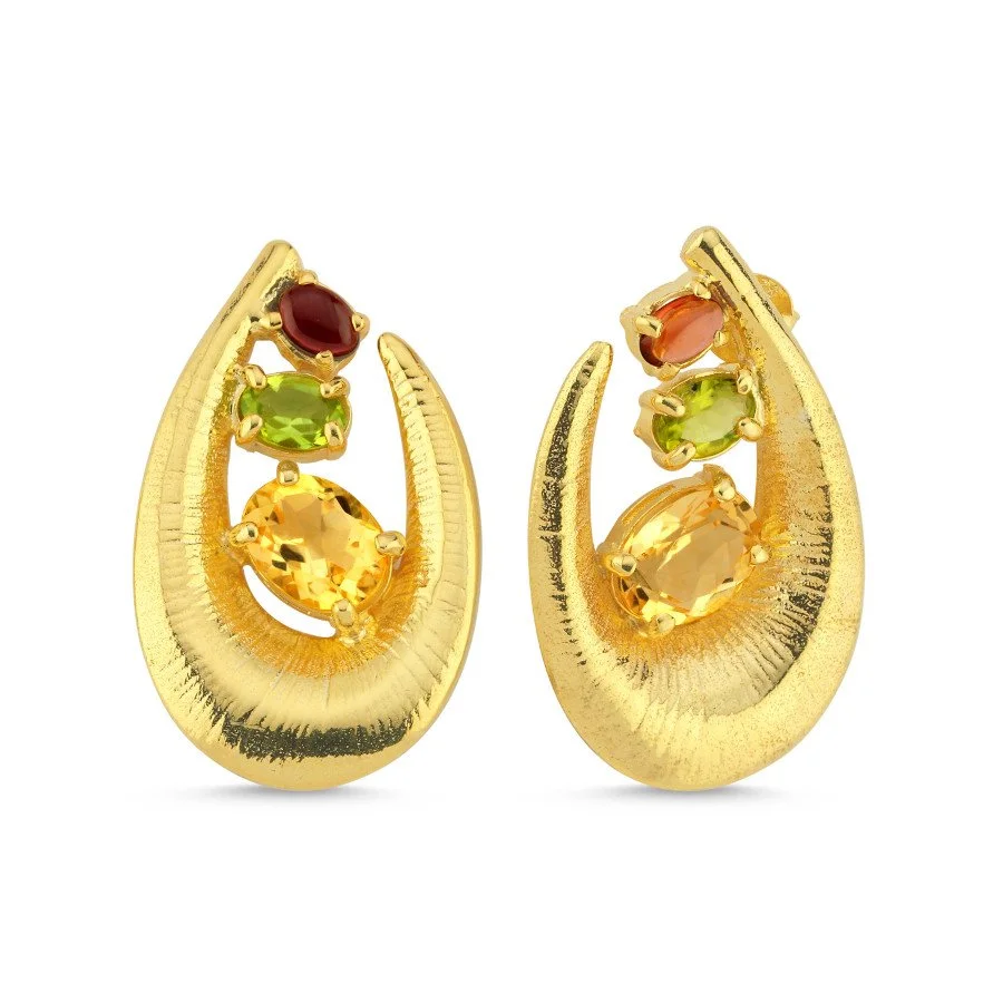 Sitrin Peridot Granat Taşlı Tasarım Gümüş Küpe - 1