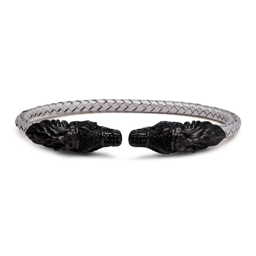 Siyah At Motifli Beyaz Hasır Örgü Gümüş Erkek Bilekliği - CNG Jewels (1)