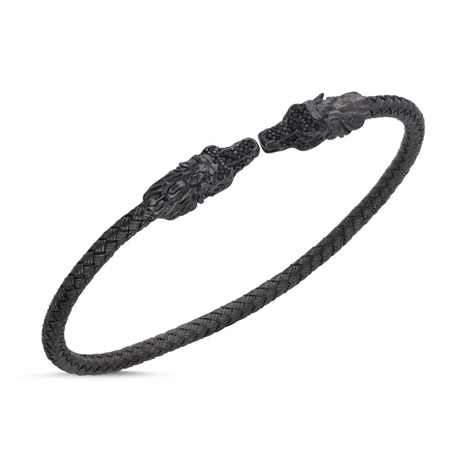Siyah At Motifli Hasır Örgü Gümüş Erkek Bilekliği - CNG Jewels