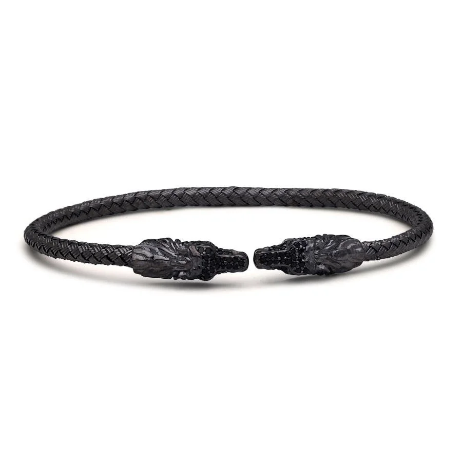 Siyah At Motifli Hasır Örgü Gümüş Erkek Bilekliği - 2