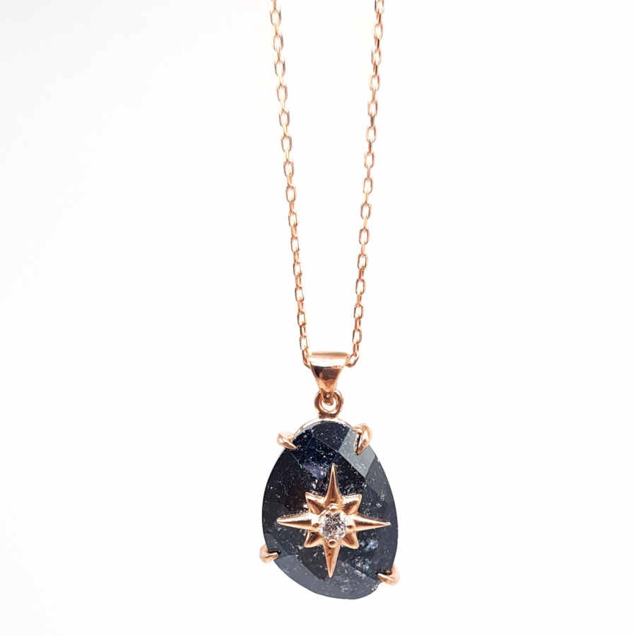 Siyah Buz Kuvars Taşlı Kutup Yıldızı Rosegold Gümüş Kadın Kolye - CNG Jewels