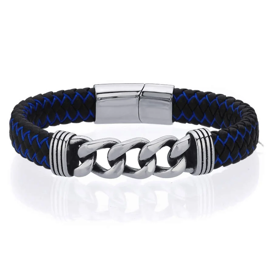 Siyah Derili Mavi İpli Gurmet Çelik Erkek Bilekliği - 1