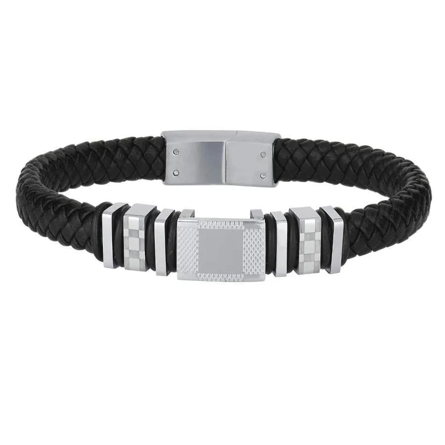 Siyah Derili Pötikare Desenli Çelik Erkek Bilekliği - 1