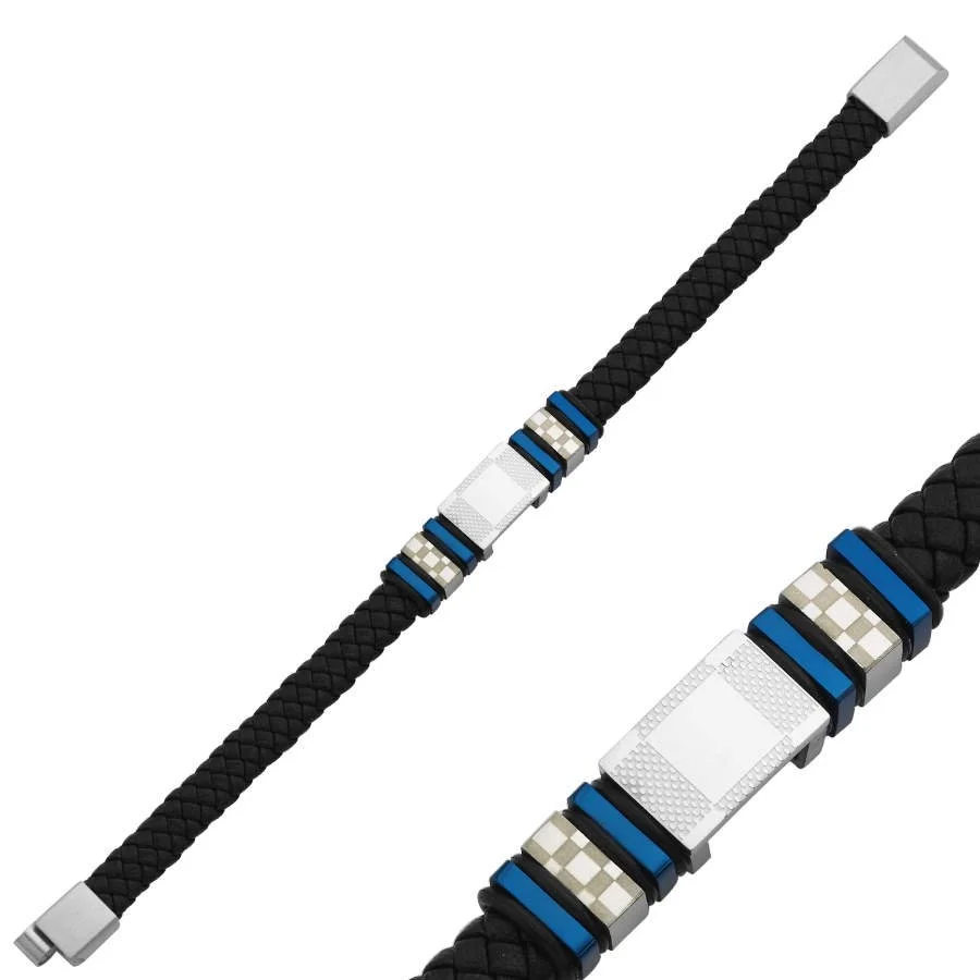 Siyah Derili Pötikare Desenli Mavi Çelik Erkek Bilekliği - 2