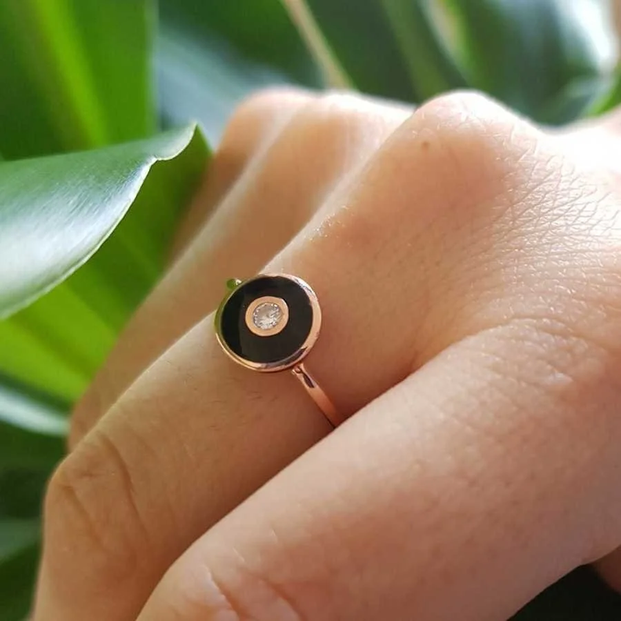 Siyah Mineli Minimal Rose Kadın Gümüş Yüzük - 1