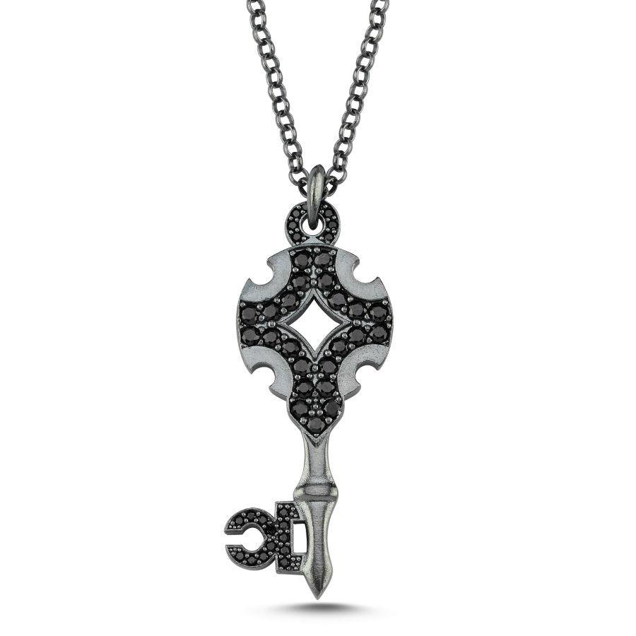 Siyah Taşlı Anahtar Özel Tasarım Gümüş Erkek Kolye - CNG Jewels