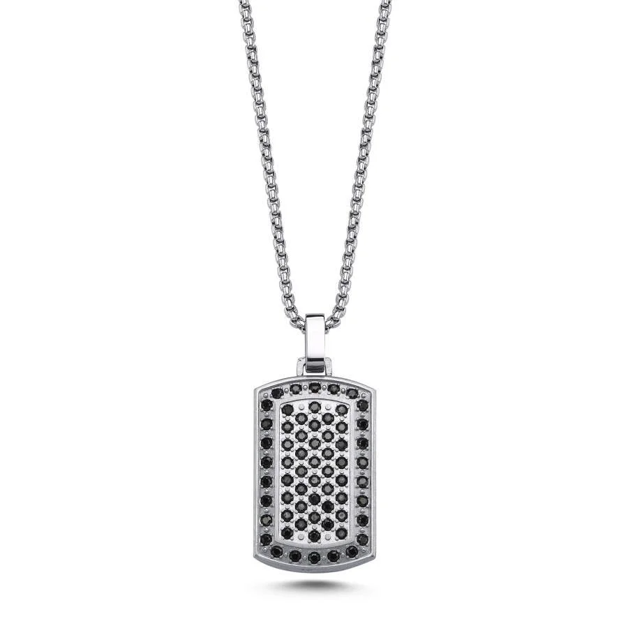 Siyah Taşlı Asker Künyesi Çelik Erkek Kolye - 1