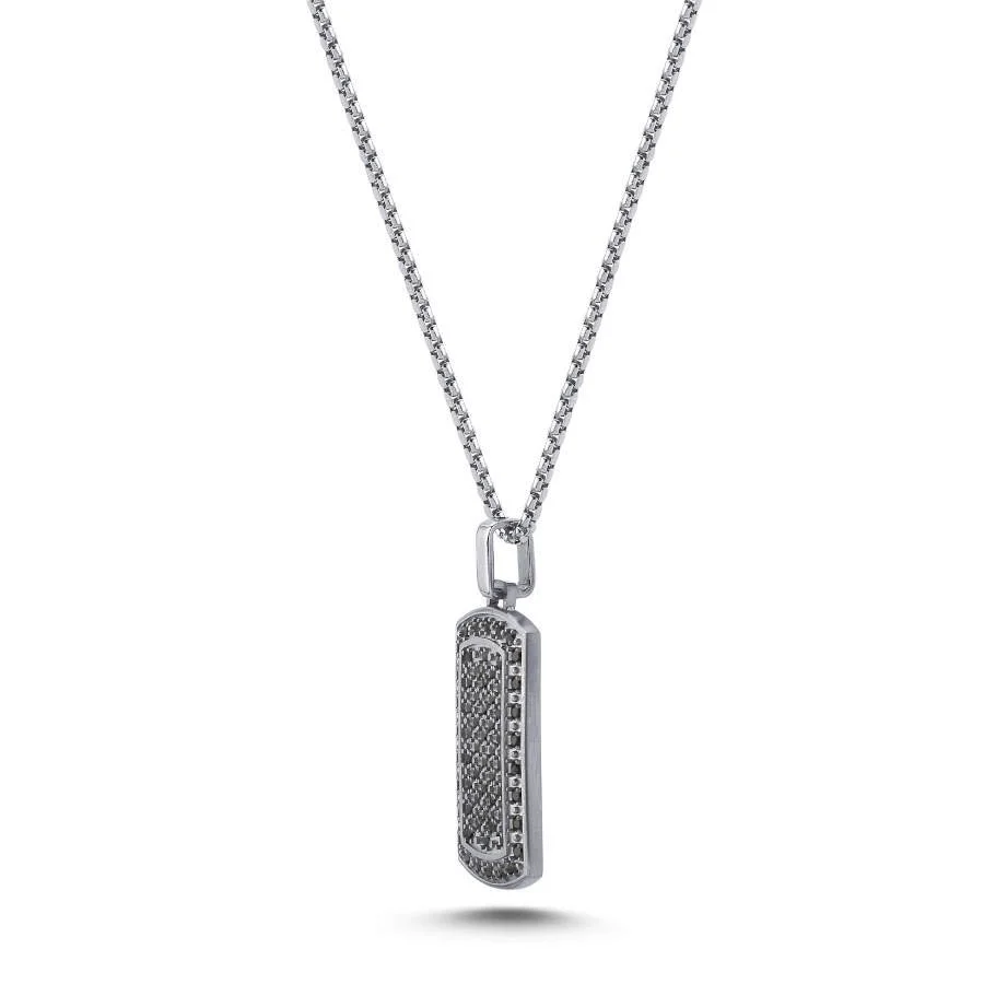 Siyah Taşlı Asker Künyesi Çelik Erkek Kolye - 2