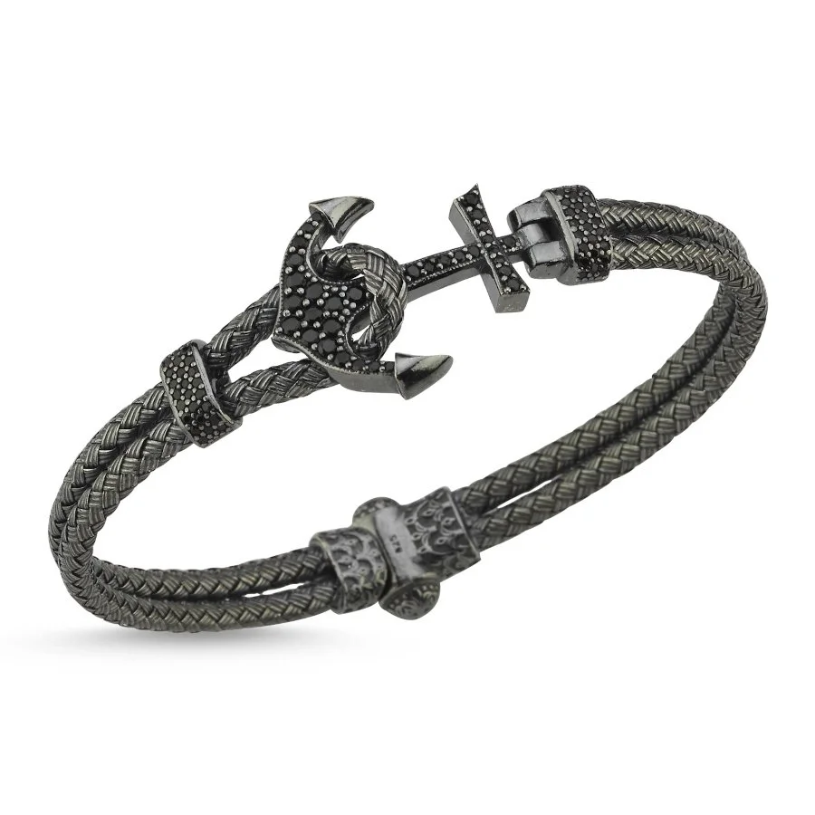 Siyah Taşlı Çapa Hasır Örgü Gümüş Erkek Bilekliği - 1