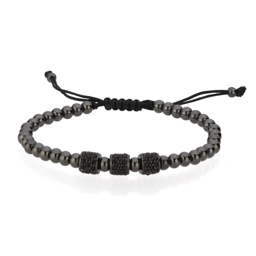 Siyah Taşlı Çelik Siyah Toplu Makrome Erkek Bilekliği - 1