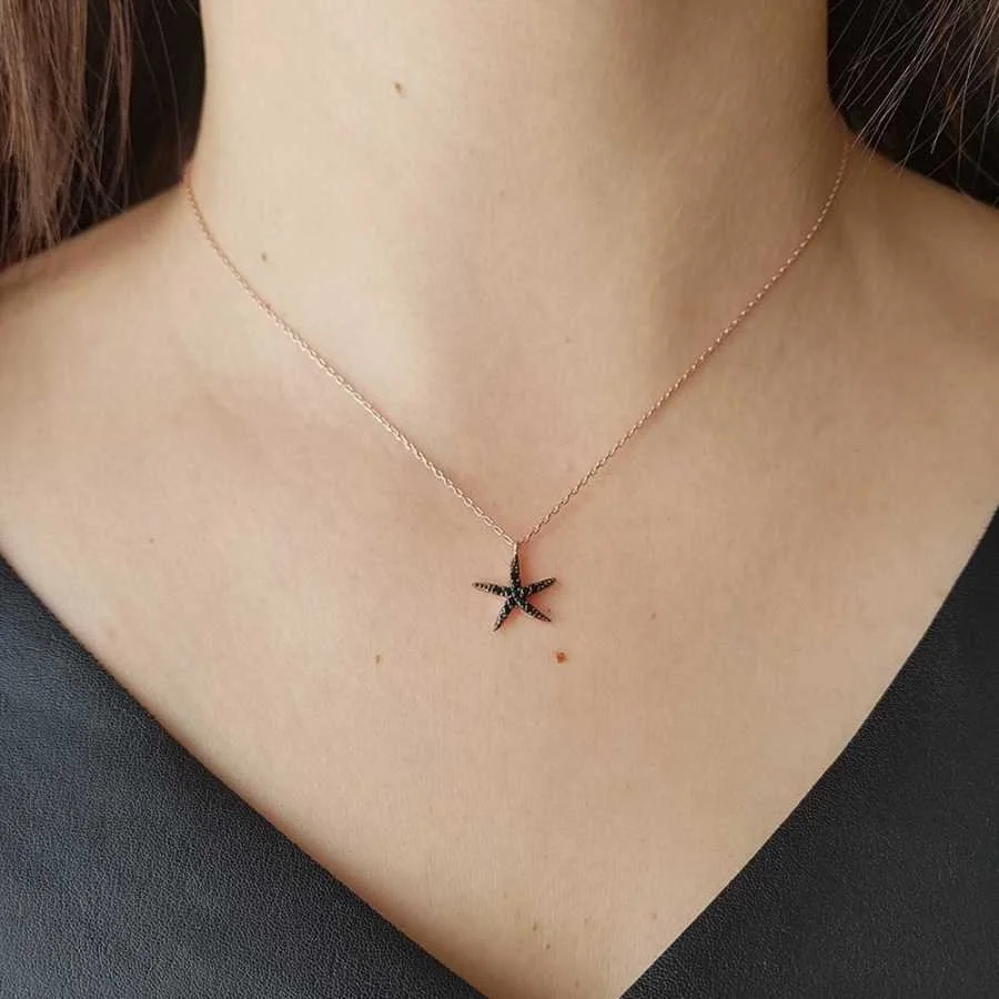 Siyah Taşlı Deniz Yıldızı Gümüş Kadın Kolye - 2