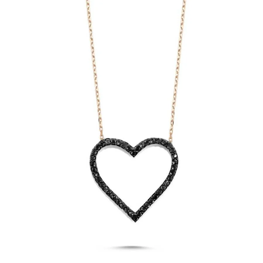 Siyah Taşlı Kalpli Gümüş Kadın Kolye - 1