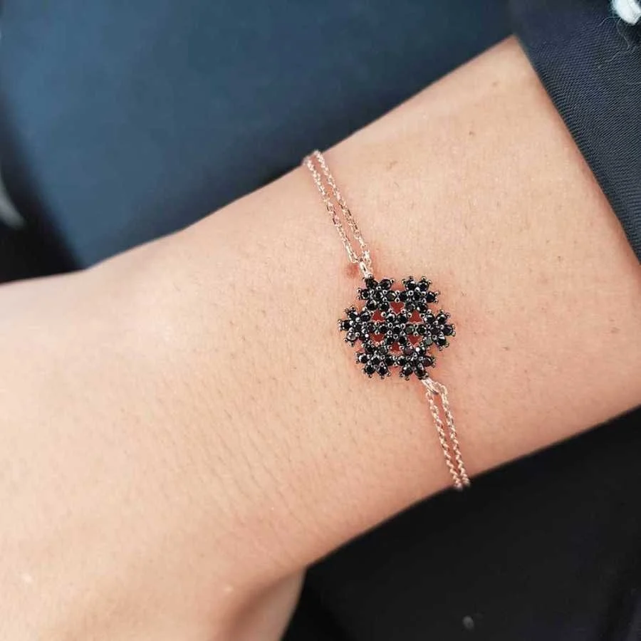 Siyah Taşlı Kar Tanesi Rose Gümüş Kadın Bileklik - 1