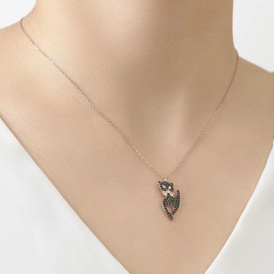 Siyah Taşlı Kedi Gümüş Kadın Kolye - 1