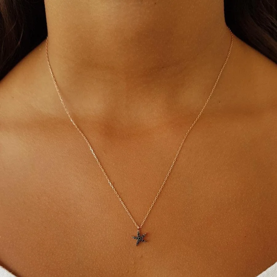 Siyah Taşlı Küçük Deniz Yıldızı Gümüş Kadın Kolye - 2