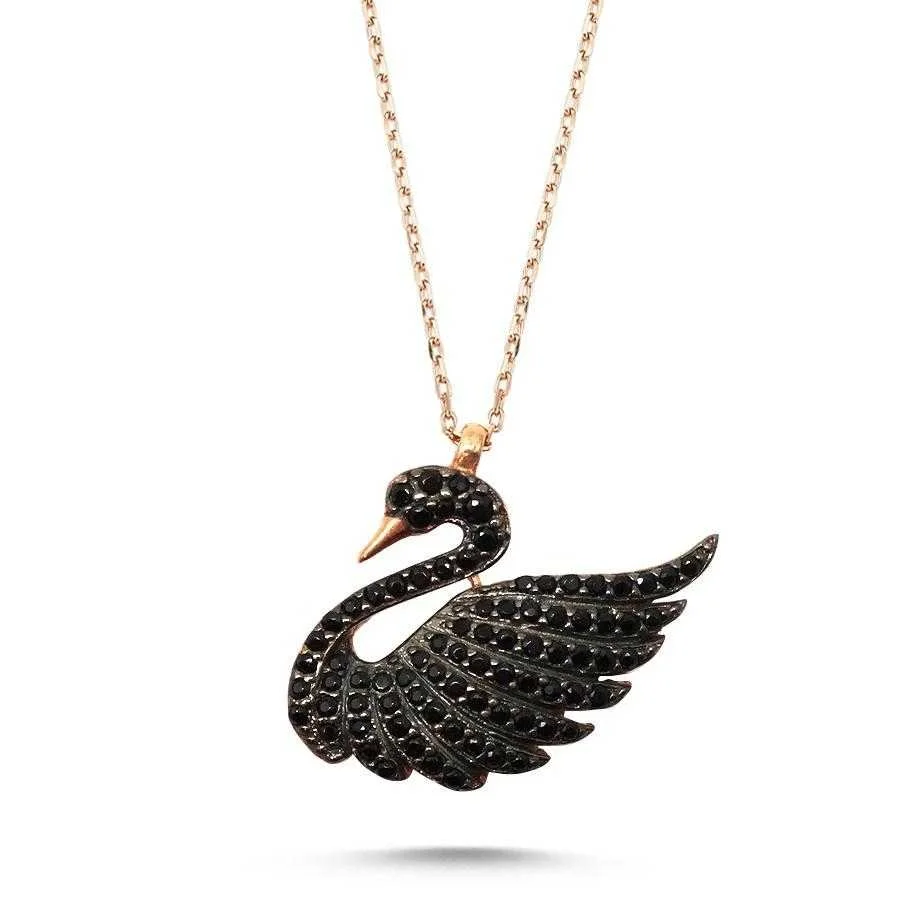 Siyah Taşlı Kuğu Modeli Gümüş Kadın Kolye - 1