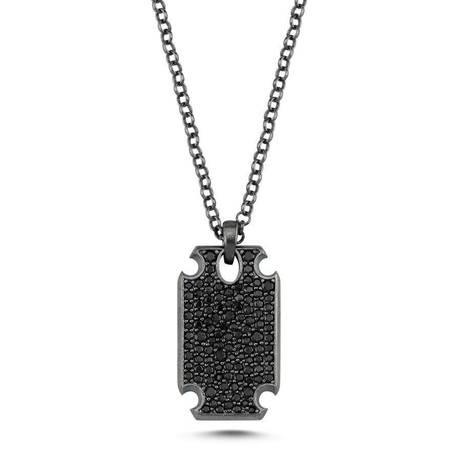 Siyah Taşlı Night Tasarım Plaka Gümüş Erkek Kolye - CNG Jewels