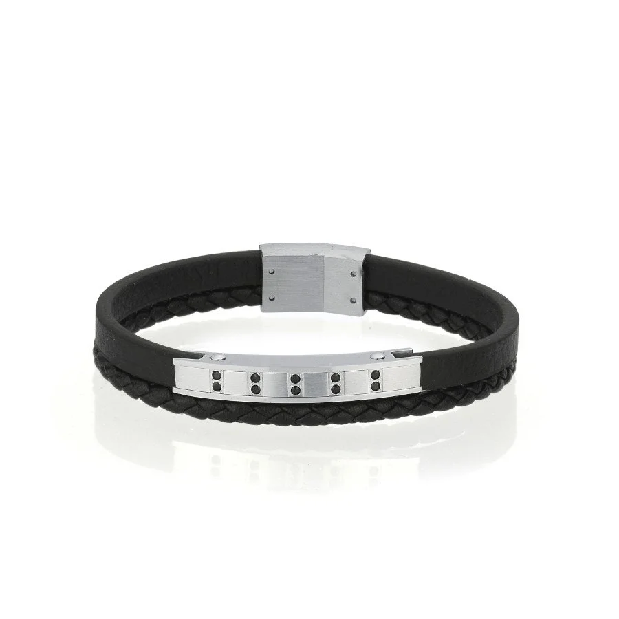 Siyah Taşlı Plaka Çelik İkili Derili Erkek Bilekliği - 1
