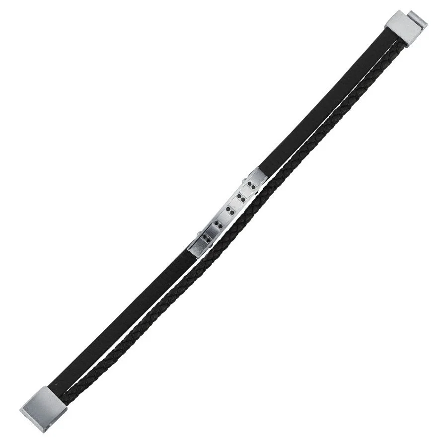 Siyah Taşlı Plaka Çelik İkili Derili Erkek Bilekliği - 2